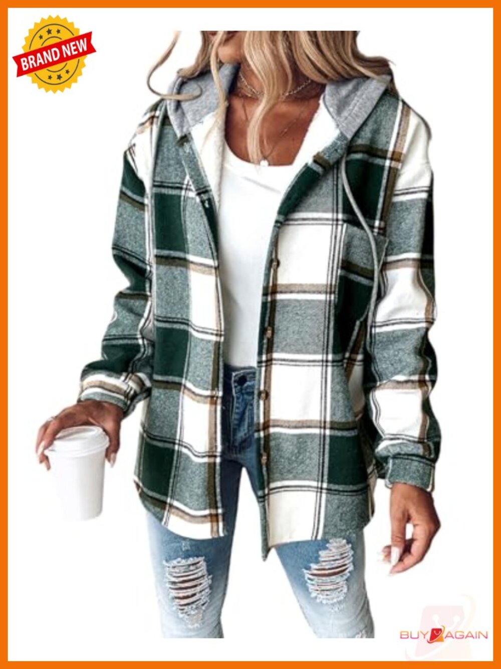 Plaid Hooded Fleece Lined Shacket Button Down Coat